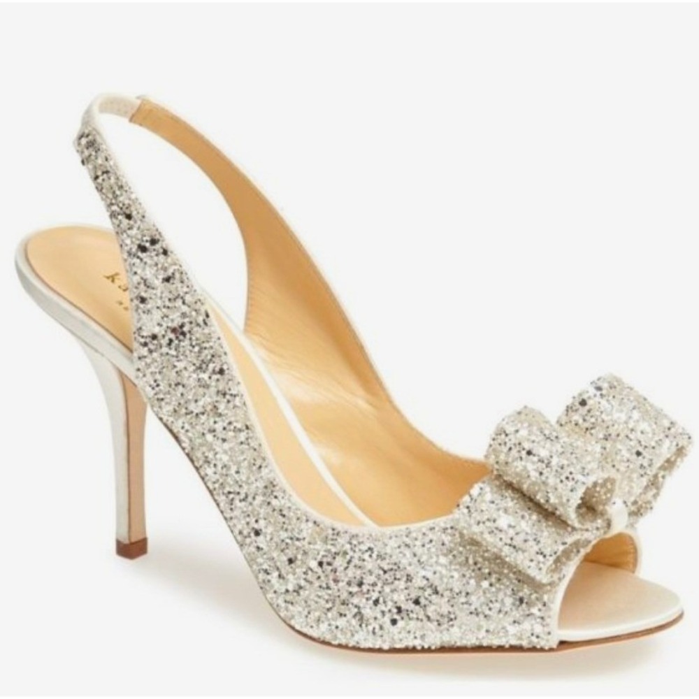 Kate Spade New York Size 5 Silver Charm Glitter Bow Slingback Heels Women Bridal